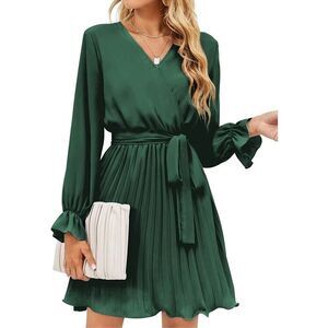 BBX Lephsnt Wrap V Neck Dress Pleated NO BELT M